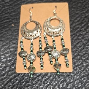Boho beach Silver and Black Beaded Dangle Earrings